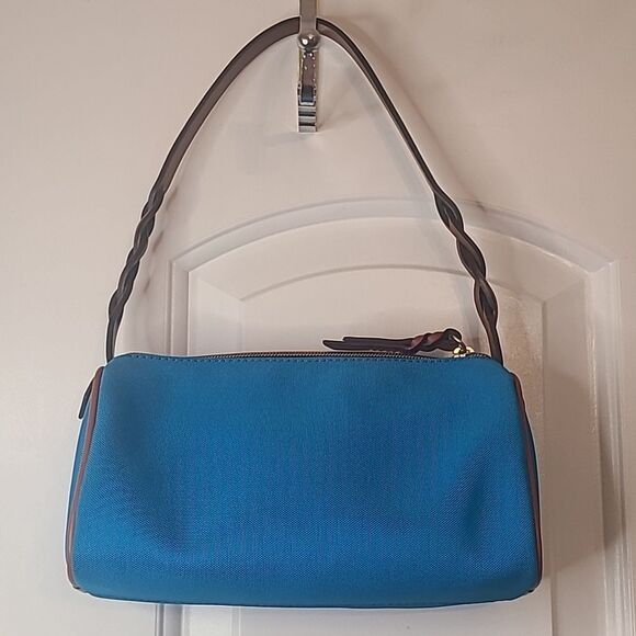 Dooney & Bourke Bright Blue Nylon Brown Leather Trim Small Barrel Shoulder Bag - Picture 7 of 13